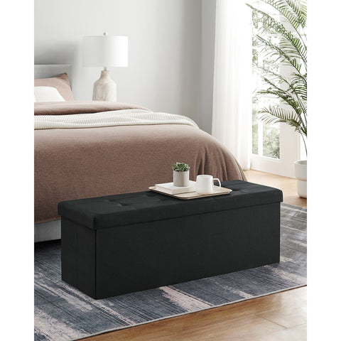 Rootz Storage Ottoman Bench - Black - Imitation Linen - MDF - Foam - 110cm x 38cm x 38cm - 300kg Capacity