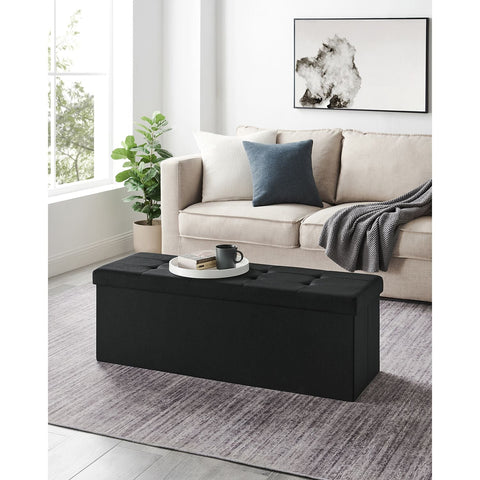 Rootz Storage Ottoman Bench - Black - Imitation Linen - MDF - Foam - 110cm x 38cm x 38cm - 300kg Capacity