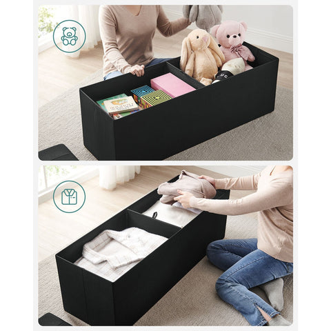 Rootz Large Black Seat Chest - Storage Ottoman - Footrest - Imitation Linen - MDF - Foam - Spacious Interior - Sturdy Construction - Easy Assembly - 110cm x 38cm x 38cm