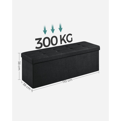 Rootz Large Black Seat Chest - Storage Ottoman - Footrest - Imitation Linen - MDF - Foam - Spacious Interior - Sturdy Construction - Easy Assembly - 110cm x 38cm x 38cm