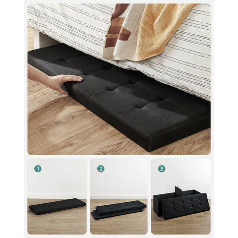 Rootz Large Black Seat Chest - Storage Ottoman - Footrest - Imitation Linen - MDF - Foam - Spacious Interior - Sturdy Construction - Easy Assembly - 110cm x 38cm x 38cm