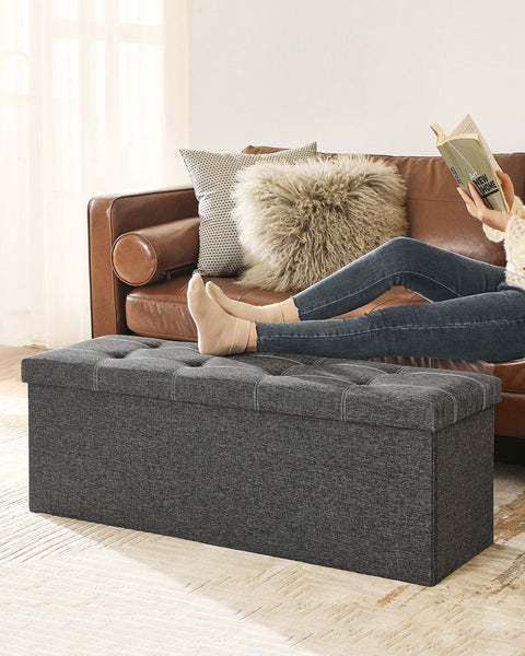 Rootz Seat Chest Ottoman - Storage Bench - Dark Gray - MDF - Imitation Linen - Foam - Large Storage Capacity - Sturdy Construction - Versatile Use - 110cm x 38cm x 38cm