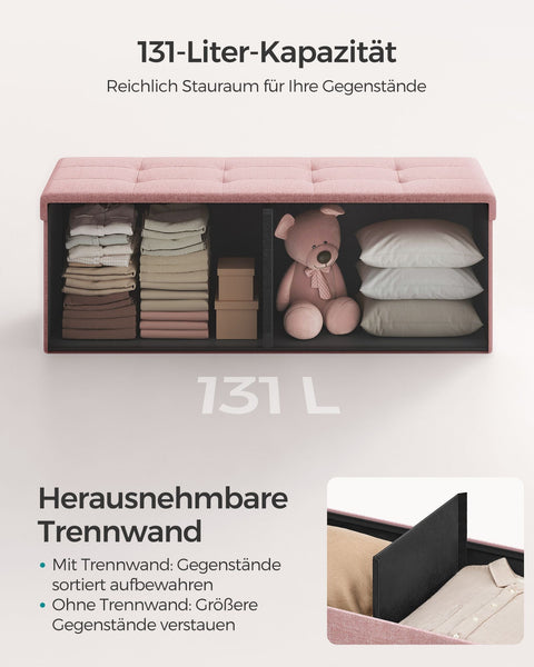 Rootz Storage Stool - Ottoman Bench - Upholstered Seat - Pastel Pink - MDF Material - 38cm x 110cm x 38cm - 25D High Resilience Foam