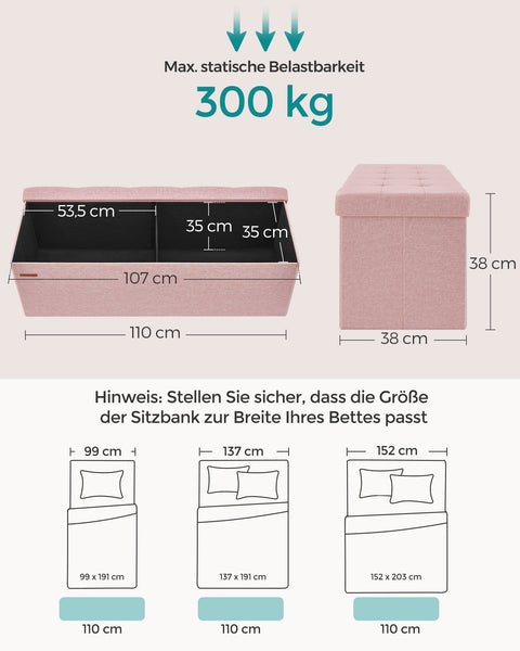 Rootz Storage Stool - Ottoman Bench - Upholstered Seat - Pastel Pink - MDF Material - 38cm x 110cm x 38cm - 25D High Resilience Foam