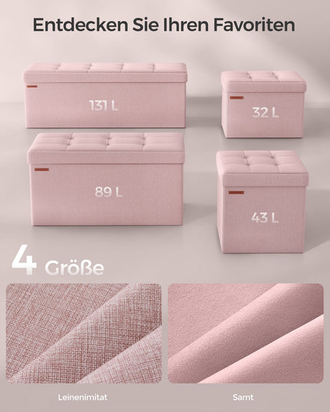Rootz Storage Stool - Ottoman Bench - Upholstered Seat - Pastel Pink - MDF Material - 38cm x 110cm x 38cm - 25D High Resilience Foam