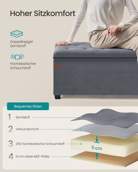 Rootz Storage Stool - Ottoman Bench - Velvet Upholstery - MDF Construction - 40cm x 110cm x 40cm - Slate Gray