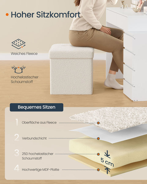 Rootz Storage Stool - Seat Chest - Ottoman - 43L Capacity - White MDF & Fleece - 38x38x38cm