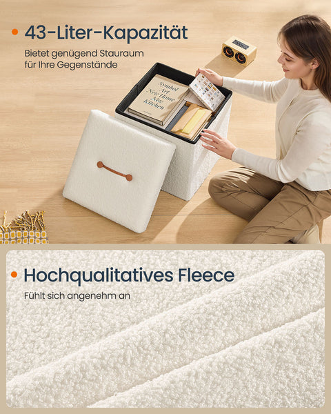 Rootz Storage Stool - Seat Chest - Ottoman - 43L Capacity - White MDF & Fleece - 38x38x38cm