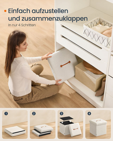 Rootz Storage Stool - Seat Chest - Ottoman - 43L Capacity - White MDF & Fleece - 38x38x38cm