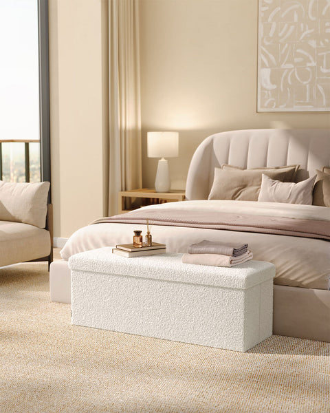 Rootz Storage Stool - Ottoman - Seating Chest - 131L Capacity - White - 38cm x 110cm x 38cm