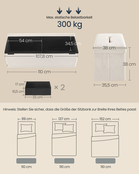 Rootz Storage Stool - Ottoman - Seating Chest - 131L Capacity - White - 38cm x 110cm x 38cm