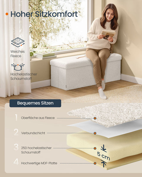 Rootz Storage Stool - Ottoman - Seating Chest - 131L Capacity - White - 38cm x 110cm x 38cm