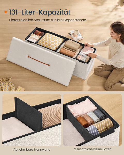 Rootz Storage Stool - Ottoman - Seating Chest - 131L Capacity - White - 38cm x 110cm x 38cm