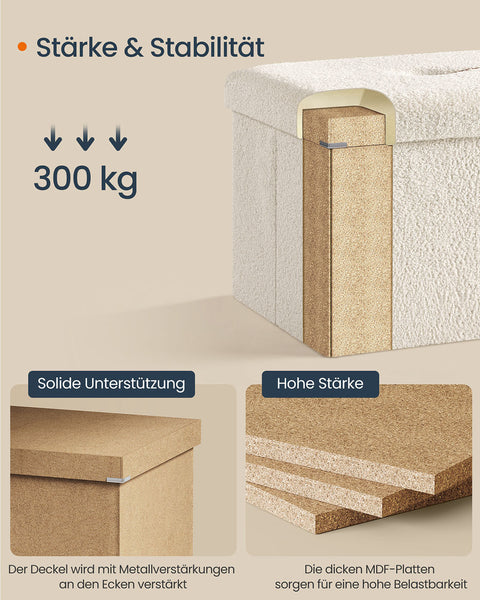 Rootz Storage Stool - Ottoman - Seating Chest - 131L Capacity - White - 38cm x 110cm x 38cm