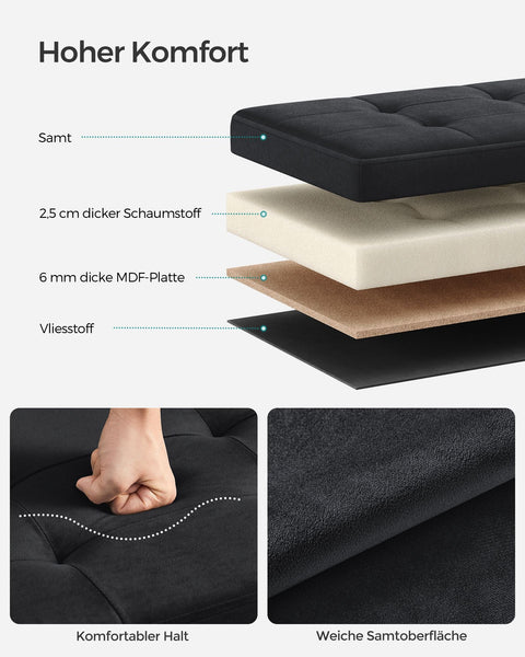 Rootz Velvet Seat Chest - Storage Ottoman - Upholstered Bench - MDF Construction - 31cm x 41cm x 31cm - Ink Black - 32L Capacity