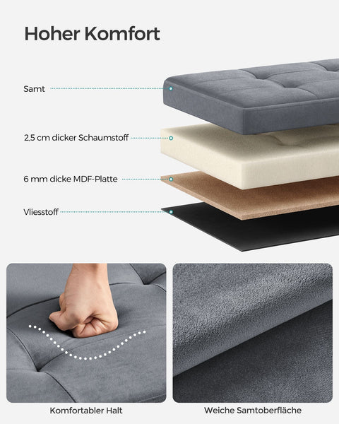 Rootz Fluwelen Zitkist - Opbergpoef - Voetsteun - MDF Constructie - 32L Capaciteit - 31cm x 41cm x 31cm - Leisteengrijs