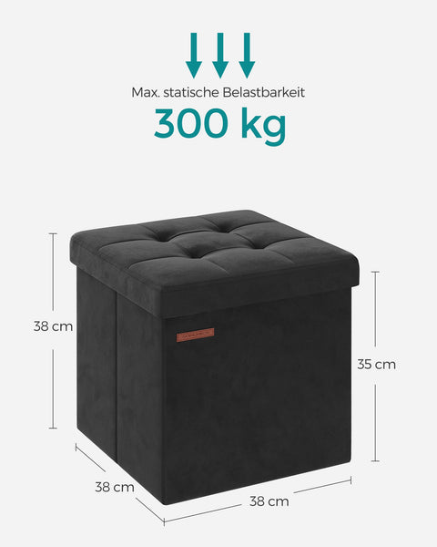 Rootz Velvet Seat Chest - Storage Ottoman - Upholstered Bench - MDF Construction - 38cm x 38cm x 38cm - Ink Black - 43L Capacity