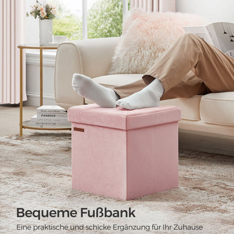Rootz Velvet Seat Chest - Storage Ottoman - Footrest - MDF Construction - Soft Foam Padding - Pastel Pink - 38cm x 38cm x 38cm