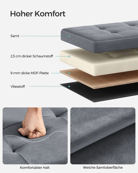 Rootz Velvet Seat Chest - Storage Ottoman - Footrest - MDF Frame - Slate Gray - 38cm x 76cm x 38cm - Lightweight - High Capacity - Comfortable