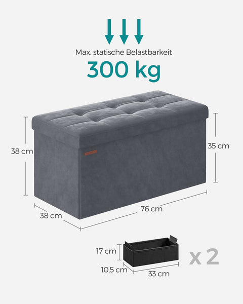 Rootz Velvet Seat Chest - Storage Ottoman - Footrest - MDF Frame - Slate Gray - 38cm x 76cm x 38cm - Lightweight - High Capacity - Comfortable