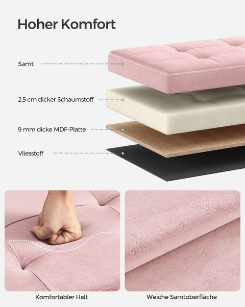 Rootz Velvet Seat Chest - Storage Ottoman - Upholstered Bench - MDF Construction - Pastel Pink - 38cm x 76cm x 38cm - Lightweight - Spacious - Sturdy