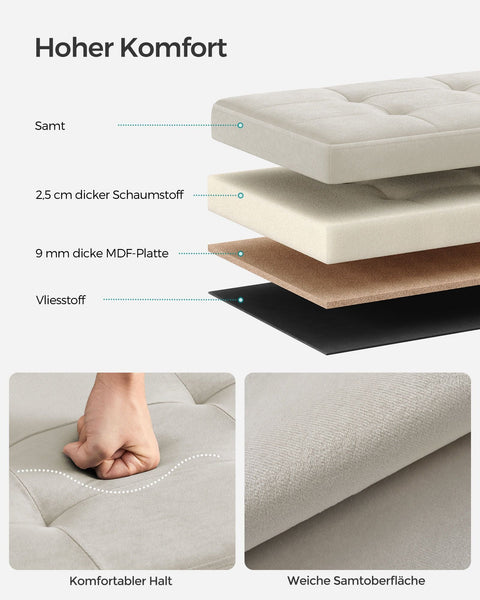 Rootz Cream White Seat Chest - Storage Ottoman - Upholstered Bench - MDF Velvet Foam - 38cm x 76cm x 38cm - 5.6kg - 300kg Capacity