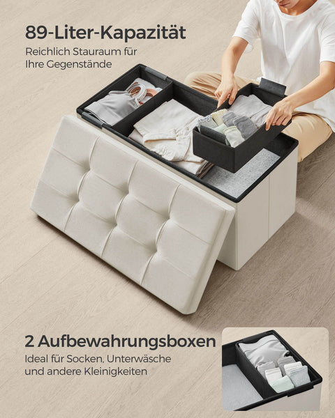 Rootz Cream White Seat Chest - Storage Ottoman - Upholstered Bench - MDF Velvet Foam - 38cm x 76cm x 38cm - 5.6kg - 300kg Capacity