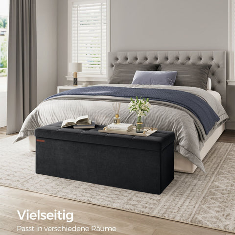 Rootz Velvet Seat Chest - Storage Ottoman - Upholstered Bench - MDF Construction - 38cm x 110cm x 38cm - Ink Black - 131L Capacity