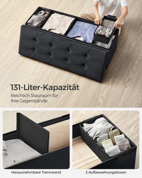 Rootz Velvet Seat Chest - Storage Ottoman - Upholstered Bench - MDF Construction - 38cm x 110cm x 38cm - Ink Black - 131L Capacity
