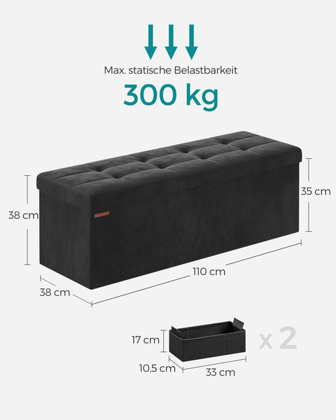 Rootz Velvet Seat Chest - Storage Ottoman - Upholstered Bench - MDF Construction - 38cm x 110cm x 38cm - Ink Black - 131L Capacity