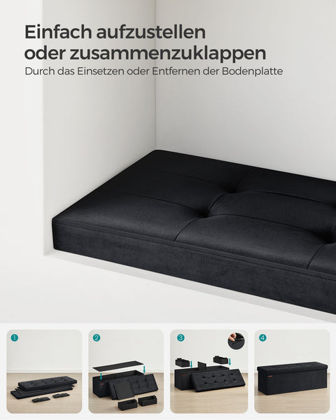 Rootz Velvet Seat Chest - Storage Ottoman - Upholstered Bench - MDF Construction - 38cm x 110cm x 38cm - Ink Black - 131L Capacity