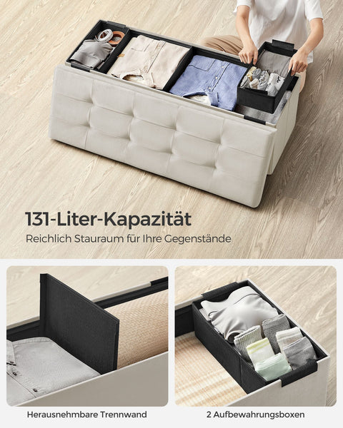 Rootz Velvet Seat Chest - Storage Bench - Ottoman - MDF Construction - 38cm x 110cm x 38cm - Cream White - 131 Liter Capacity