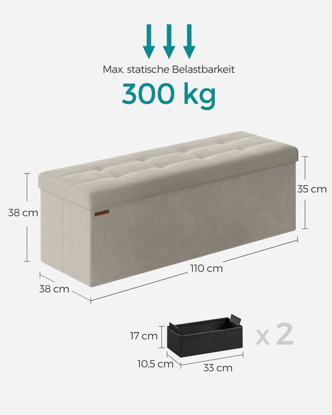 Rootz Velvet Seat Chest - Storage Bench - Ottoman - MDF Construction - 38cm x 110cm x 38cm - Cream White - 131 Liter Capacity