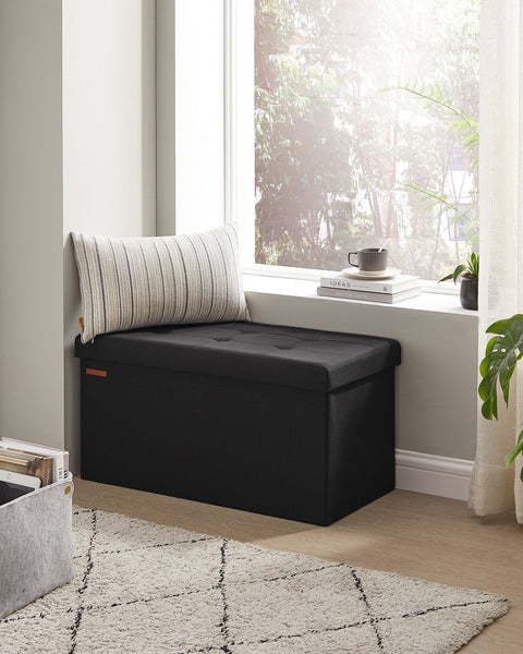 Rootz 1 Storage Ottoman - Seat Chest - Large Stool - MDF & Foam - Imitation Linen - 38cm x 76cm x 38cm - Black - 5.6kg - 300kg Capacity