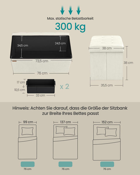 Rootz Seat Chest - Storage Ottoman - White Bench - 89L Capacity - 38cm x 76cm x 38cm - 300kg Weight Limit
