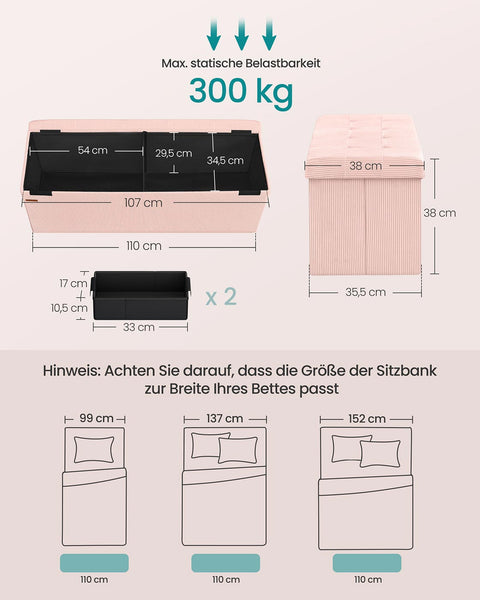 Rootz Pink Seat Chest - Storage Bench - Ottoman - High Elastic Foam - 38cm x 110cm x 38cm