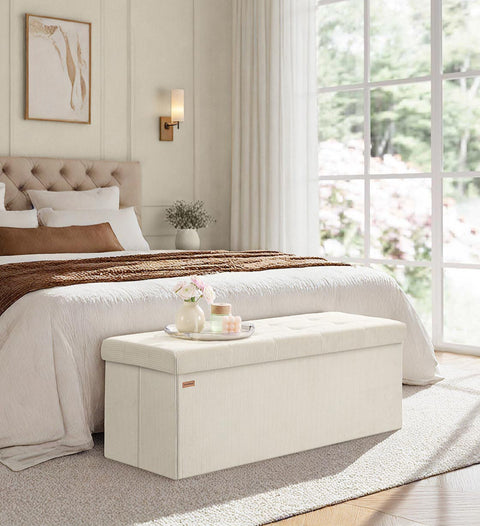 Rootz White Seat Chest - Storage Bench - Upholstered Ottoman - Max Load 300kg - 38cm x 110cm x 38cm