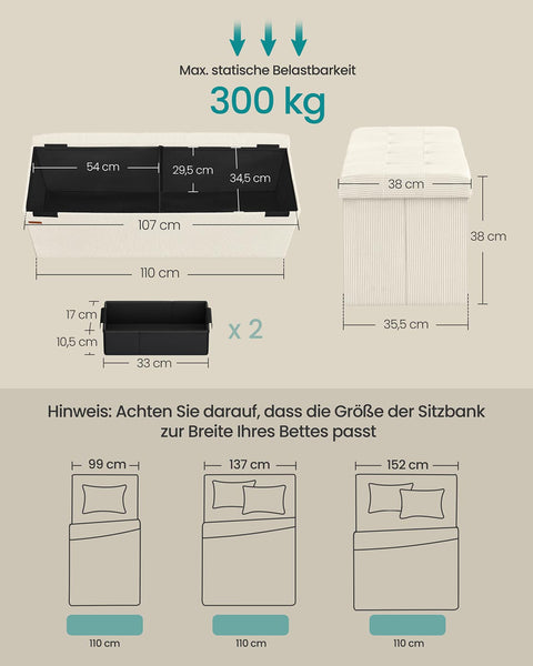 Rootz White Seat Chest - Storage Bench - Upholstered Ottoman - Max Load 300kg - 38cm x 110cm x 38cm