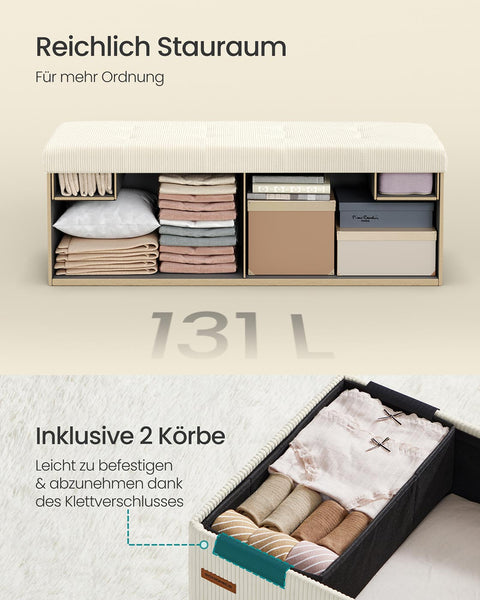 Rootz White Seat Chest - Storage Bench - Upholstered Ottoman - Max Load 300kg - 38cm x 110cm x 38cm