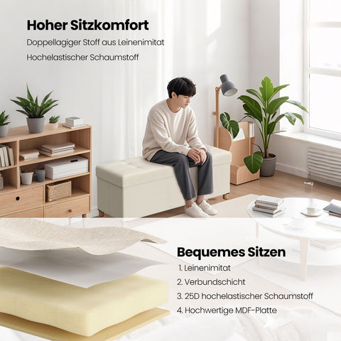 Rootz Foldable Storage Bench - Seat Stool - Ottoman with Storage - 112L Capacity - 38 x 110 x 40 cm - Upholstered MDF and Linen