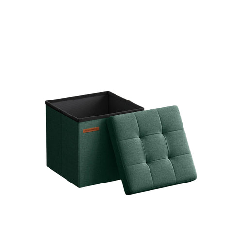 Rootz 30 cm Seat with Storage - Foldable Seat Chest - Storage Box - 22L Capacity - 30 x 30 x 30 cm - Green Linenimity Fabric