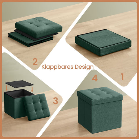 Rootz 30 cm Seat with Storage - Foldable Seat Chest - Storage Box - 22L Capacity - 30 x 30 x 30 cm - Green Linenimity Fabric