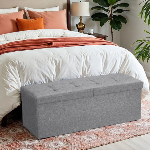 Rootz Grey Linen Imitation Chesterfield Bench - Upholstered Seat - Storage Bench - Durable & Space-Saving - 110 x 38 x 38 cm