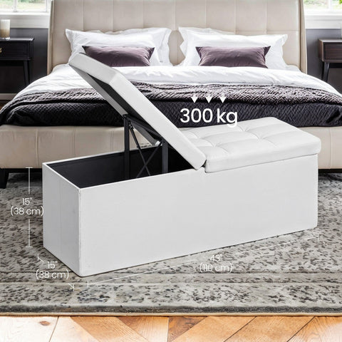 Rootz Seating with Storage Space - Foldable Seat Chest - Storage Chest - Max Resilience 300 kg - 110 x 38 x 38 cm - White PVC Cover
