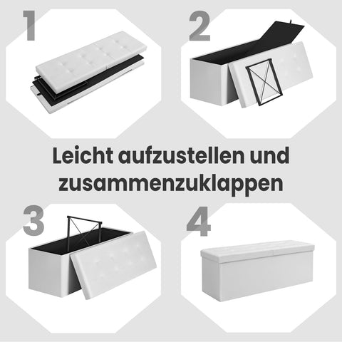 Rootz Seating with Storage Space - Foldable Seat Chest - Storage Chest - Max Resilience 300 kg - 110 x 38 x 38 cm - White PVC Cover