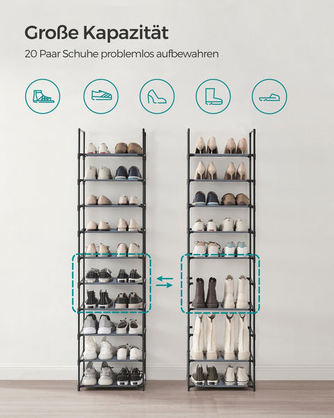 Rootz Gray Shoe Rack Organizer - Storage Rack - Shoe Stand - Non-Woven Fabric Shelves - Metal Tubes - Plastic Connectors - Space Saving - Easy Assembly - Lightweight - 28cm x 45cm x 173cm