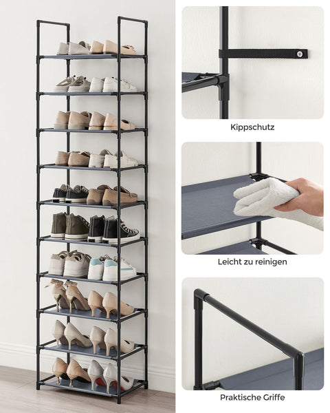 Rootz Gray Shoe Rack Organizer - Storage Rack - Shoe Stand - Non-Woven Fabric Shelves - Metal Tubes - Plastic Connectors - Space Saving - Easy Assembly - Lightweight - 28cm x 45cm x 173cm