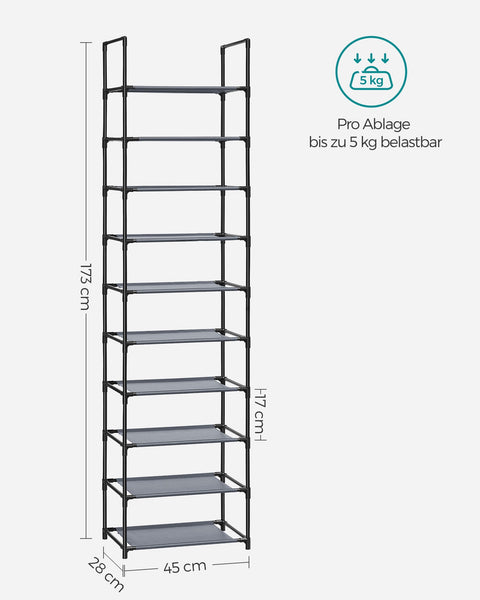 Rootz Gray Shoe Rack Organizer - Storage Rack - Shoe Stand - Non-Woven Fabric Shelves - Metal Tubes - Plastic Connectors - Space Saving - Easy Assembly - Lightweight - 28cm x 45cm x 173cm