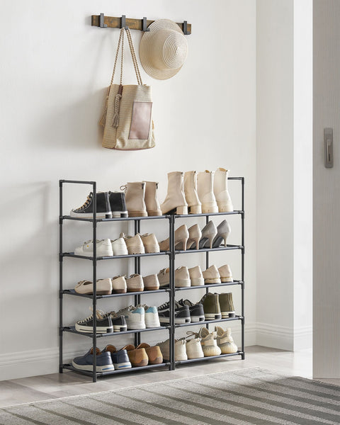 Rootz Gray Shoe Rack Organizer - Storage Rack - Shoe Stand - Non-Woven Fabric Shelves - Metal Tubes - Plastic Connectors - Space Saving - Easy Assembly - Lightweight - 28cm x 45cm x 173cm
