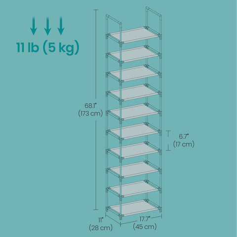 Rootz 10-Level Shoe Rack - Shoe Organizer - Footwear Shelf - Space Saving - 28cm x 45cm x 173cm